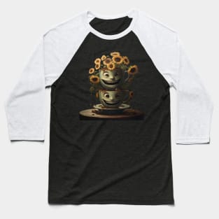 Happy Smiling Faces On a Cup With Coffee And Sunflowers Coffee Barista Baseball T-Shirt